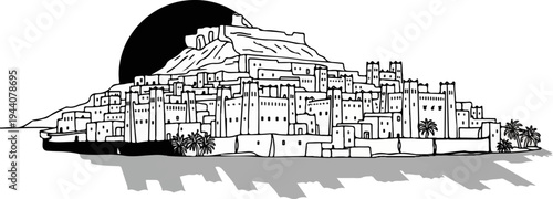 A detailed black and white illustration depicts a dense, ancient settlement built on a hillside