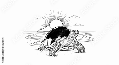 A detailed illustration of a turtle on a sandy beach, with waves and a sunburst
