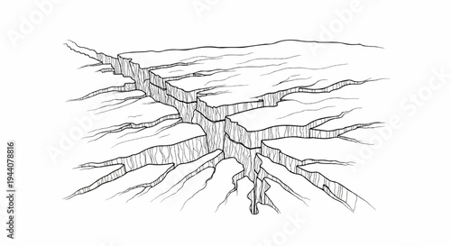 A detailed ink drawing illustrates deep, branching fissures in a layered geological formation