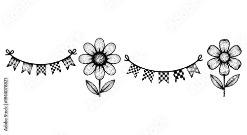 Whimsical dot art daisies and bunting flags for a festive, natural celebration