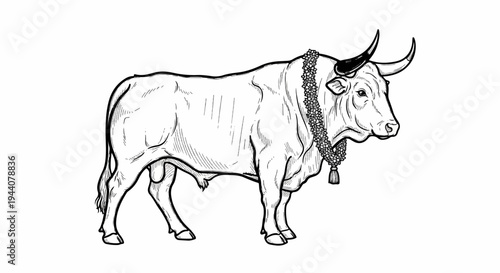 A detailed ink drawing of a powerful bull adorned with a floral garland