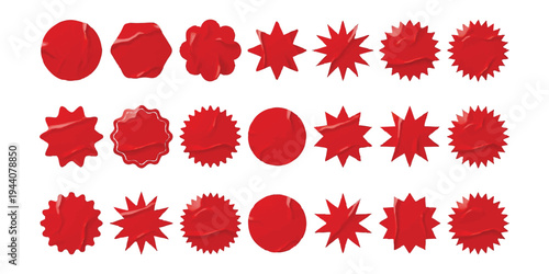 Collection of red glossy price tags and sale stickers in various star and circle shapes