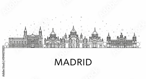 A detailed line drawing depicts a city skyline with grand, domed buildings and elegant architectural features