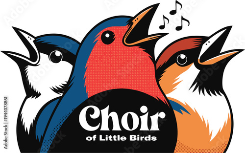 Vector illustration of  choir of three very little birds titmouse, robin and sparrow, cute birds are singing with joy, white and transparent background