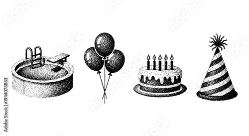 Collection of party elements including a pool, balloons, cake, and party hat