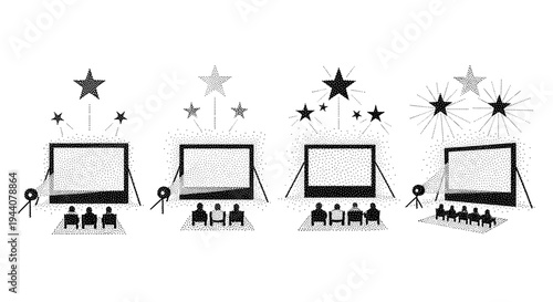 Four screens with audience and stars above, representing different event sizes and success