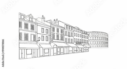 A detailed line drawing depicts an old European street with shops and an amphitheater