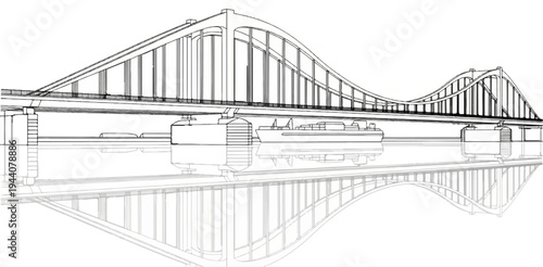 A detailed line drawing of a massive bridge crossing water with a ship below