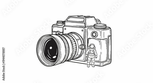 A detailed line drawing of a vintage camera with a small astronaut standing next to the lens
