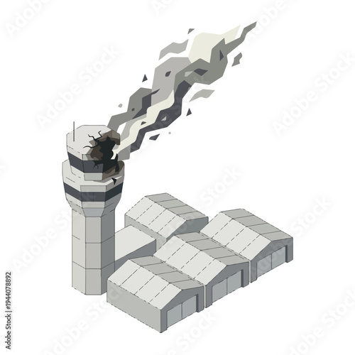 isometric vector flat of an airport damaged by fire from a missile attack 9