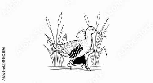 A detailed line drawing of a wading bird with a long beak stands amidst reeds and water