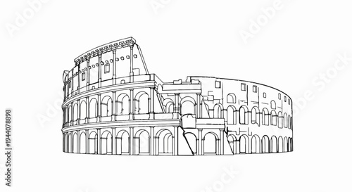 A detailed line drawing showcases the iconic arches of an ancient amphitheater against a white backdrop