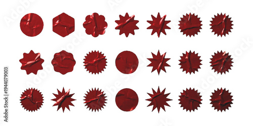 Set of vintage red crumpled starburst and circle stickers isolated on white background