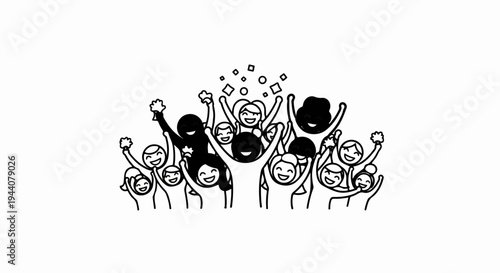 A diverse group of stick figures joyfully celebrates with hands raised and confetti falling
