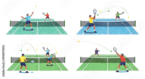 Tennis players in action on court, illustrating different game plays and serves