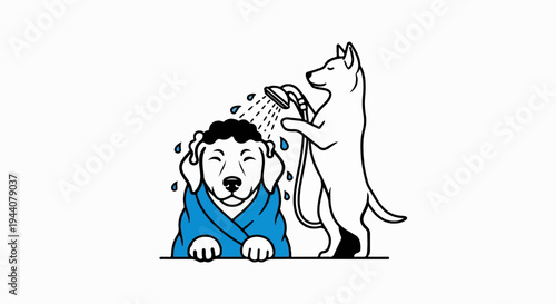 A dog gives another dog a bath under a shower, with one dog wrapped in a blue towel
