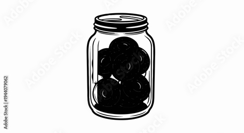 A drawing of a glass jar filled with black ring-shaped foods, possibly donuts or cookies