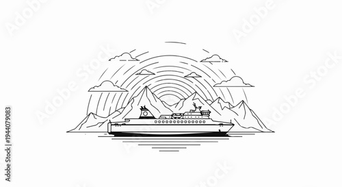 A ferry sails on calm waters under a mountainous, cloudy, and radiant sky