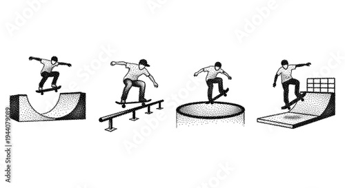 Skateboarders performing tricks on various park obstacles in a stippled illustration