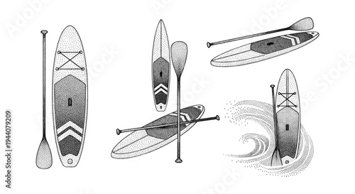 Collection of stand-up paddleboards and paddles in a minimalist dot art style