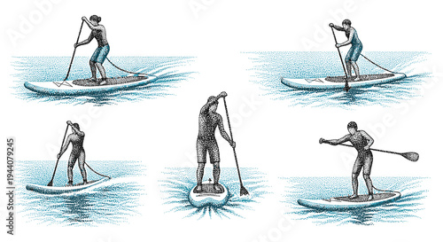 Collection of five distinct illustrations of people paddleboarding on water