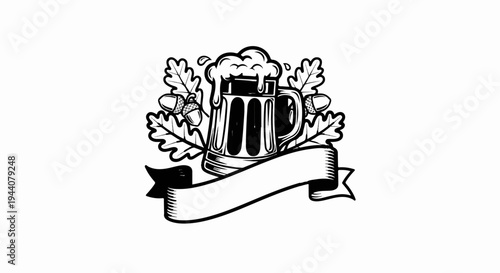 A frothy mug of beer, framed by oak leaves and acorns, with a blank banner