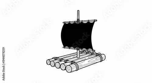A simple black sail atop a wooden raft made of logs, ready to set sail