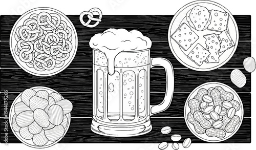 A frosted mug overflowing with frothy beer, surrounded by snacks
