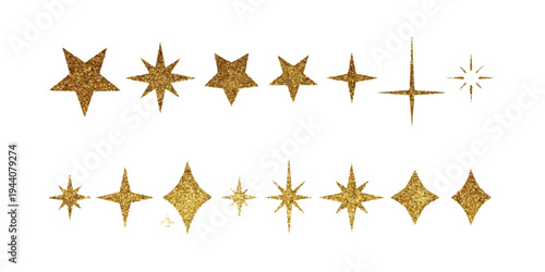 Collection of various golden star shapes and sparkling icons isolated on a white background