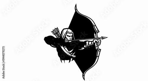 A black and white stylized drawing of a person aiming a bow and arrow