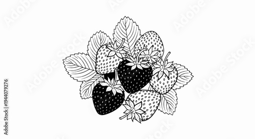 A black and white sketch of ripe strawberries with leaves, some shaded dark