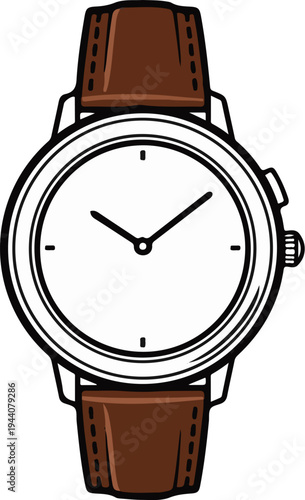 A simple drawing of a wrist watch with a round white face and brown strap