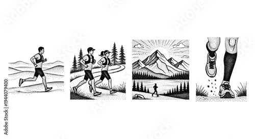 Diverse group of runners in various outdoor scenic environments, black and white illustration
