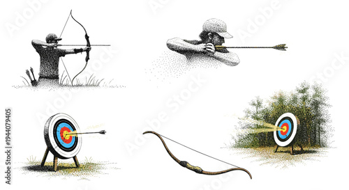 Archery practice montage showing different stages of shooting and hitting the target