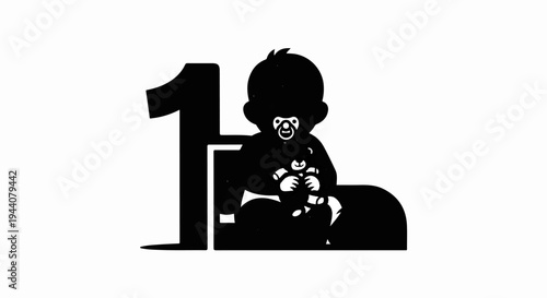 A black silhouette of a baby wearing a pacifier and holding a teddy bear is centered next to the number one