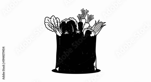 A black shopping bag overflows with fresh vegetables, including lettuce, tomatoes, carrots, and corn