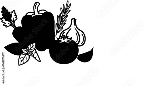 A black silhouette of a bell pepper, tomato, garlic, basil, and rosemary
