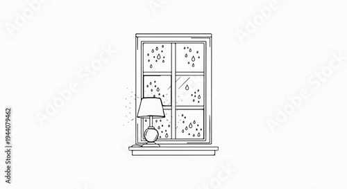 A simple sketch of a lamp on a windowsill with raindrops on the glass