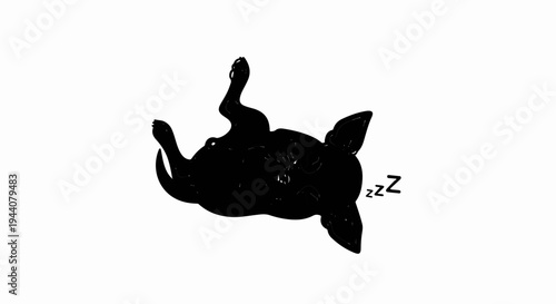 A black silhouette of a dog lying on its back with its legs up, and "zzz" symbols
