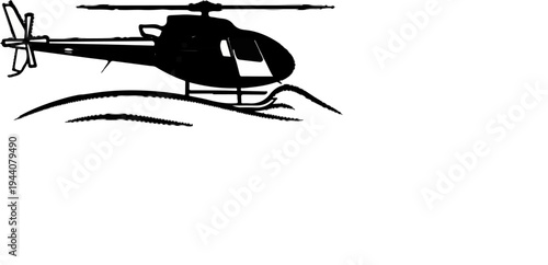 A black silhouette of a helicopter flying over wavy lines on a white background