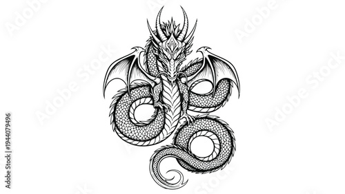Intricate black and white illustration of a coiled dragon or serpent with detailed scales and wings. Vector