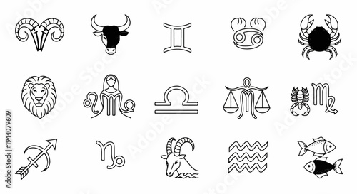 A grid of twelve zodiac signs, each a distinct black and white icon