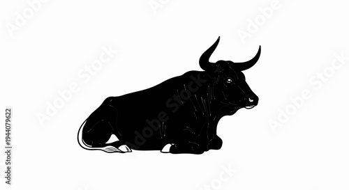 A bold black bull rests serenely on a white background, its powerful form emphasized