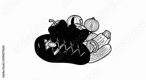 A grilled steak rests alongside a variety of fresh vegetables, including peppers, onions, and zucchini