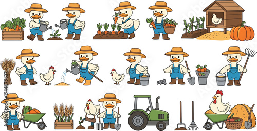 Cute Duck Farmer Character Collection Showing Cartoon Ducks Gardening, Harvesting Vegetables, Feeding Chickens, Carrying Crops and Working on Farm in Flat Vector Style