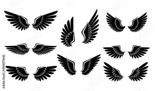Minimal Angel Wing Silhouette Vector Icon Collection in Black