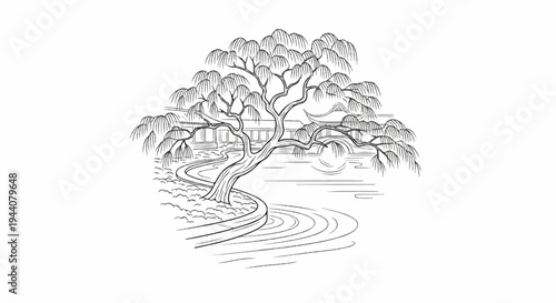 A sketched scene depicts a weeping tree by a winding pond with a building