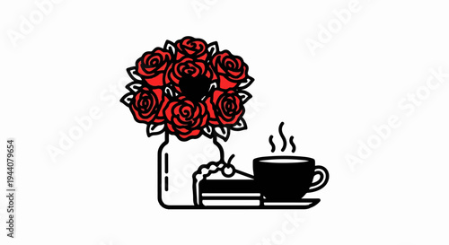 A bouquet of red roses in a vase, a slice of cake with cherry, and a cup of coffee