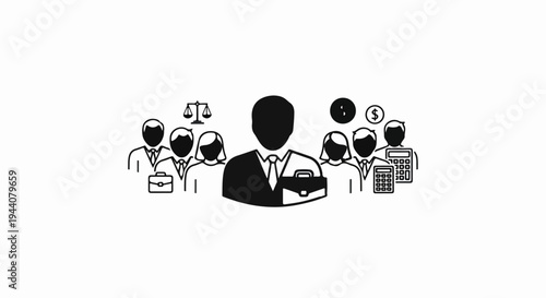 A group of business professionals, including a leader, with legal and financial tools