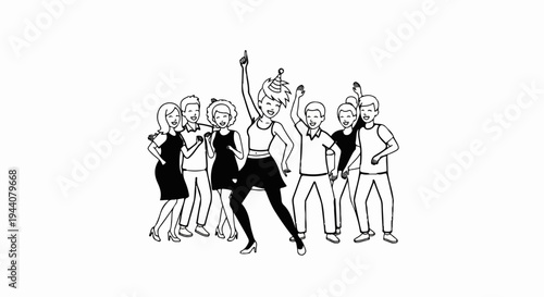 A group of diverse individuals joyfully dances at a festive celebration, some with party hats
